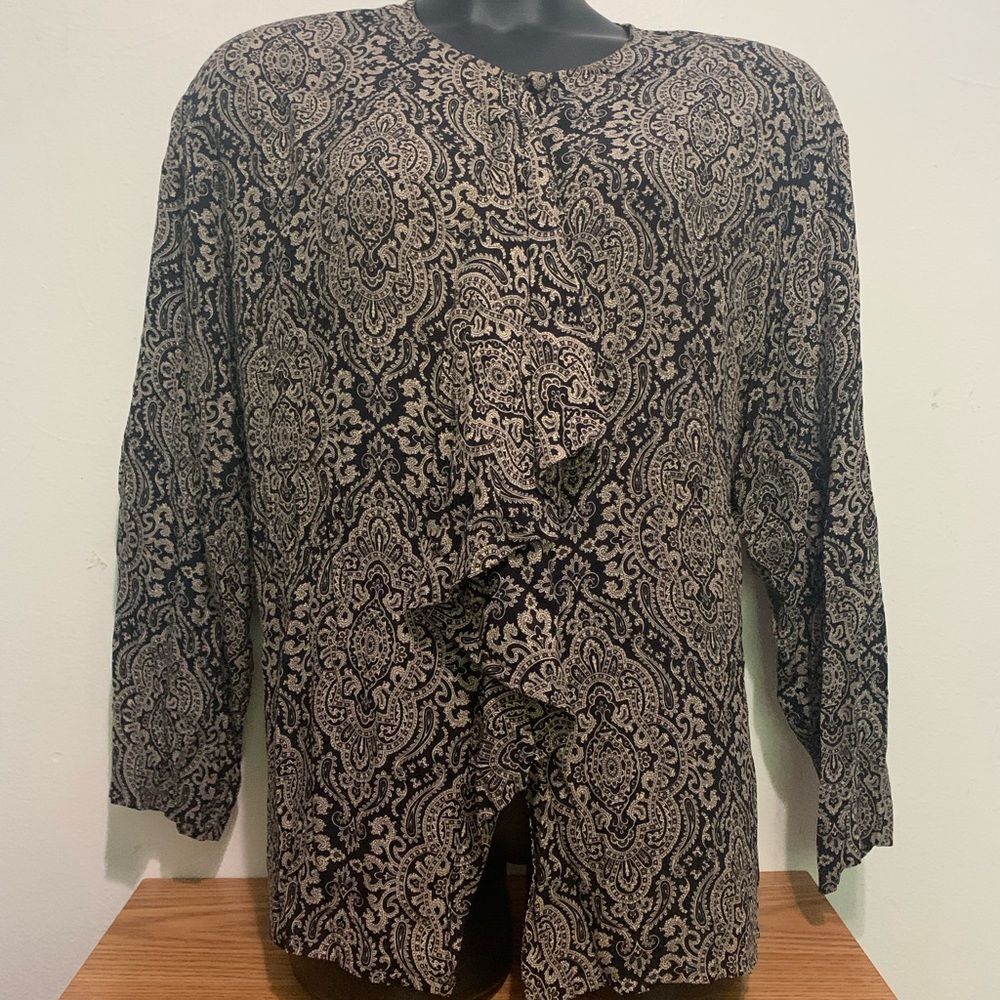 Vintage Nipon Woman Black and Cream Paisley Blouse